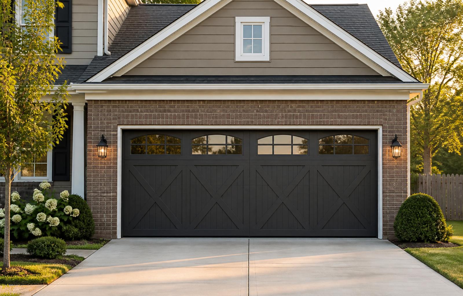 Modern Ohio home in Blue Ash with a newly serviced carriage-style garage door at golden hour